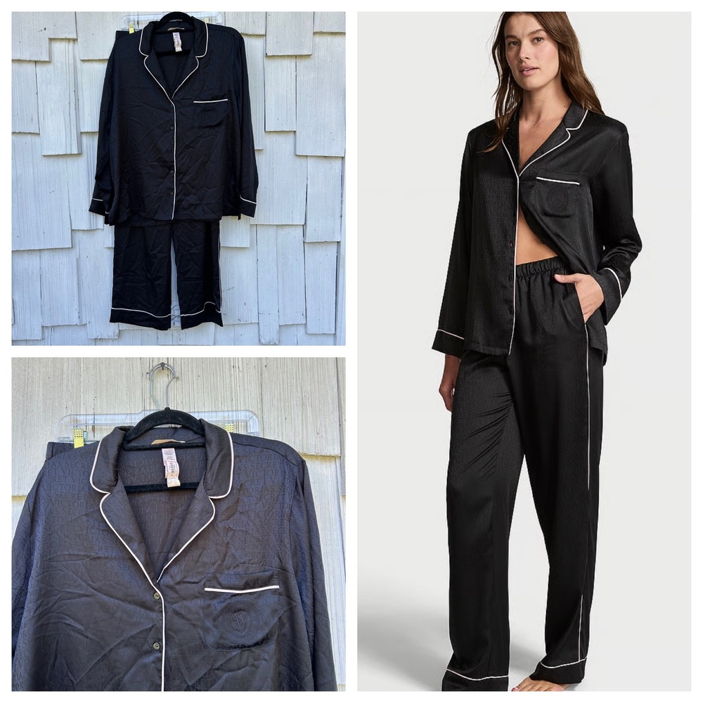 Victorias Secret Black Logo Jacquard Satin Pajama Set Large Button Up Top Pants